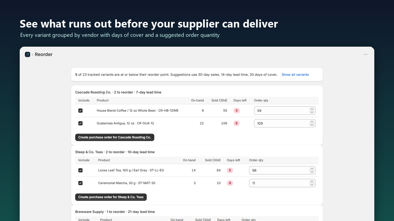 The Restock Radar reorder page: every variant grouped by vendor with days of cover and a suggested order quantity