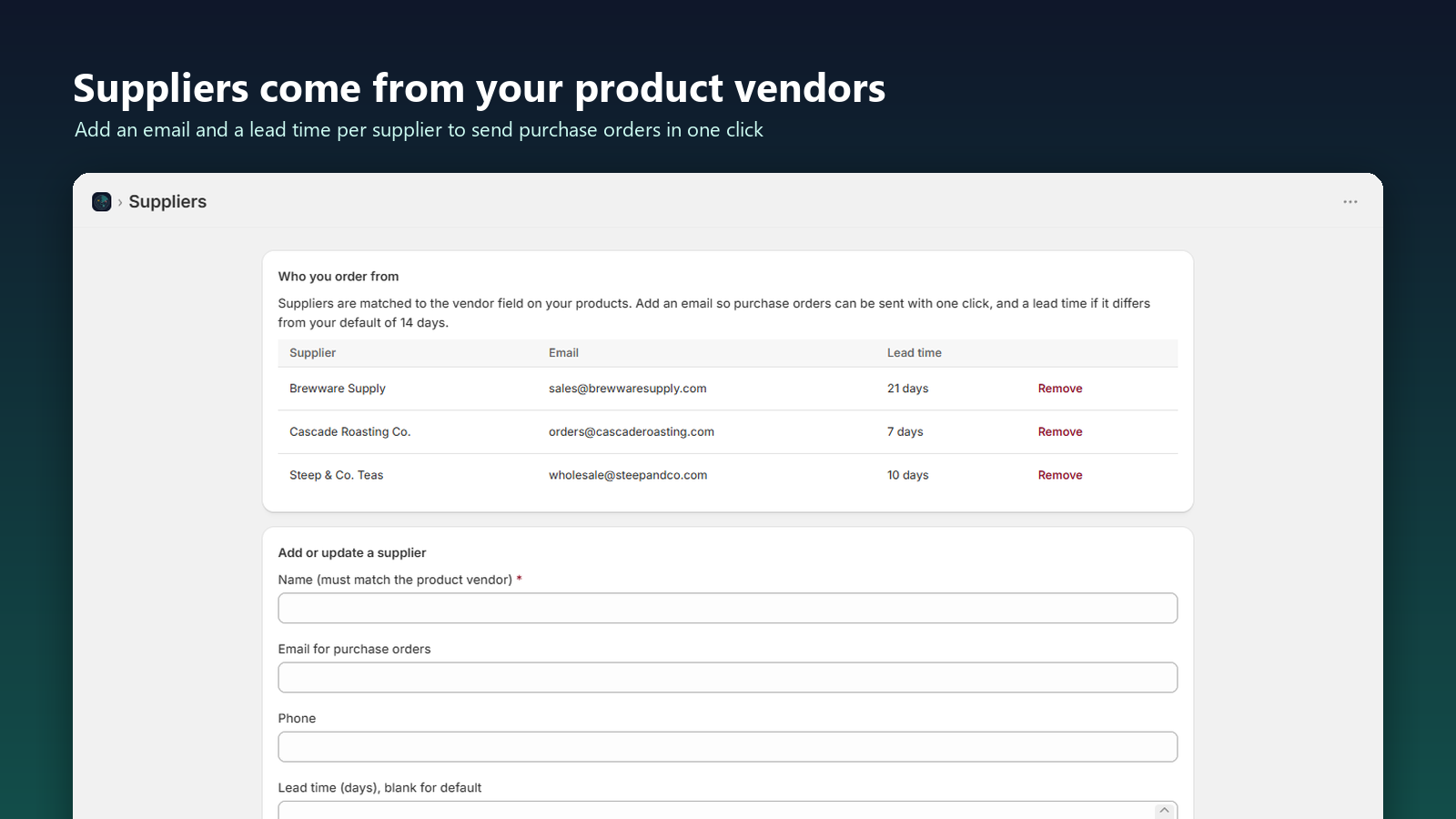 Restock Radar suppliers page with per-supplier lead times
